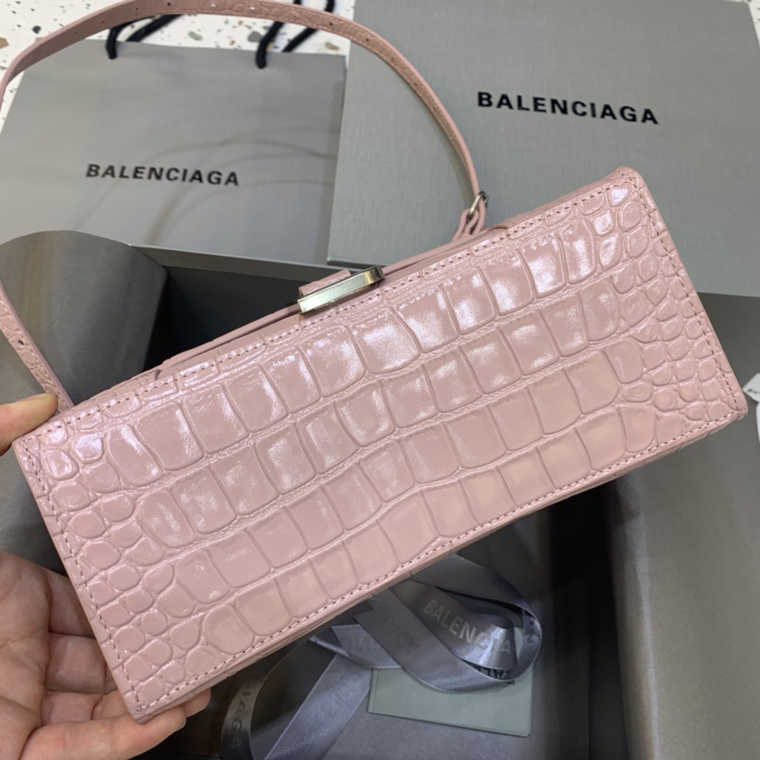 Balenciaga Hourglass Small Handbag Crocodile Embossed Shoulder Bag Pink